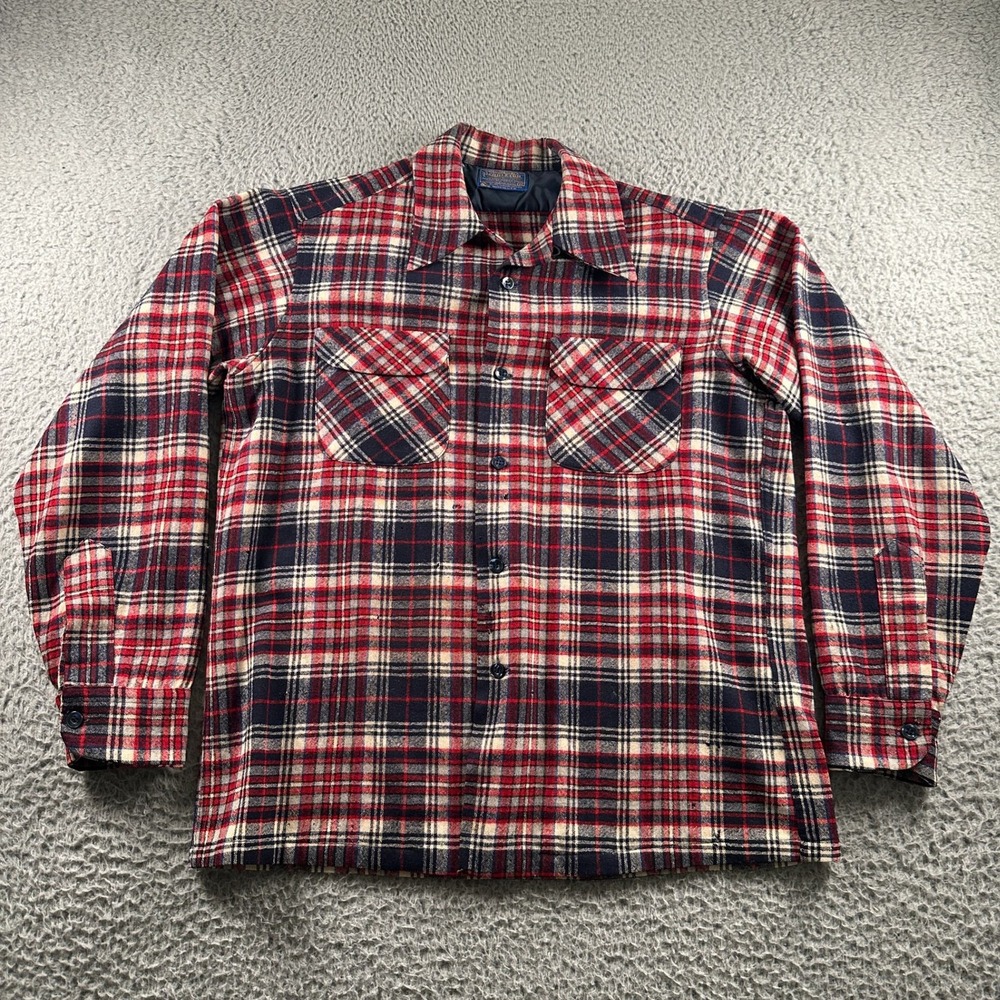Pendleton Wool Board Shirt Mens M Red Navy Plaid‎ Button Front Virgin Wool USA